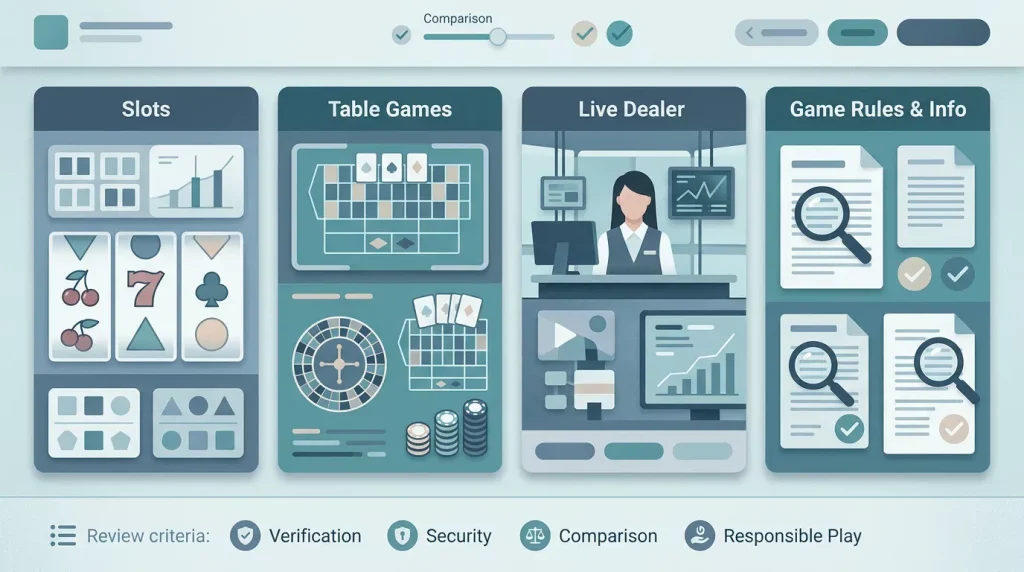 Illustration of an online casino lobby organised by game category