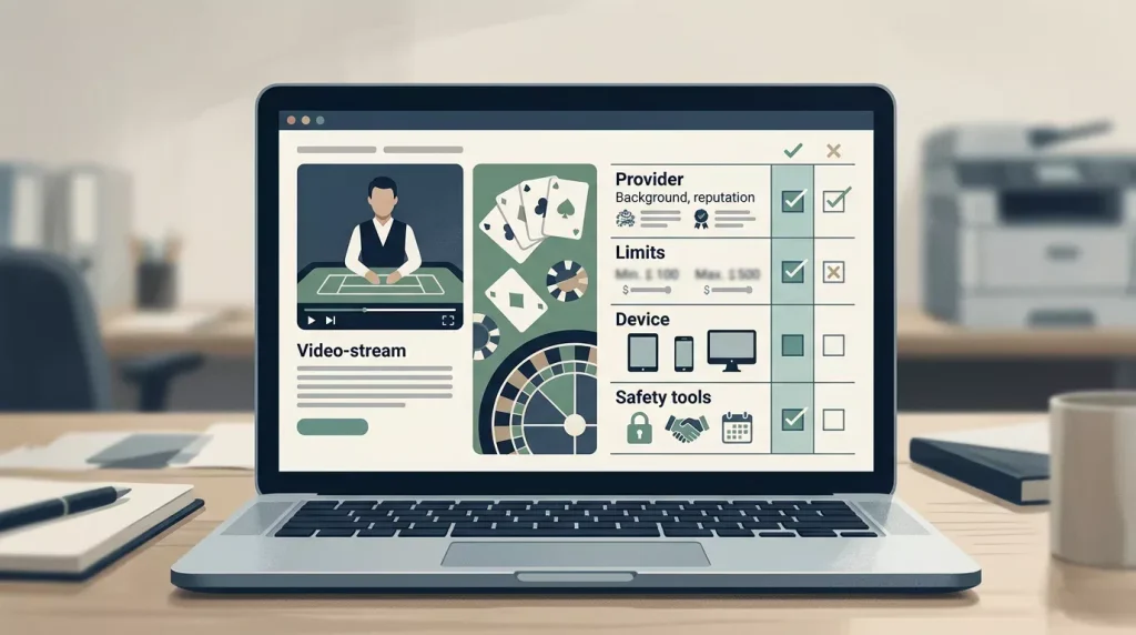 Checklist illustration for reviewing live dealer casino tables on a laptop