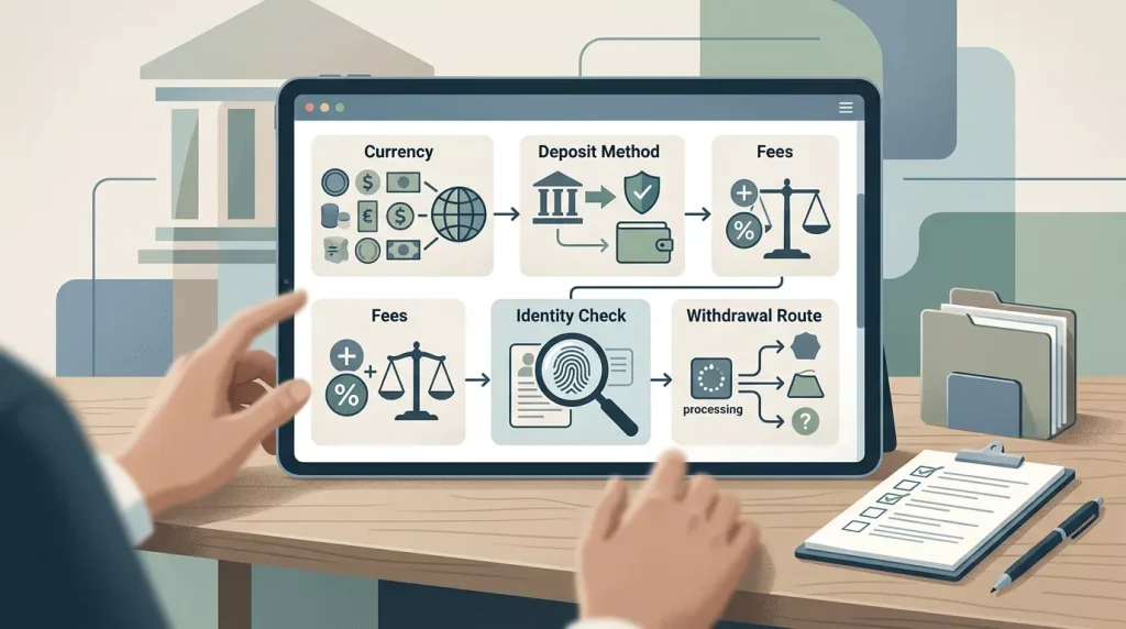 Illustration of a payment checklist showing currency, method, fees and withdrawal checks